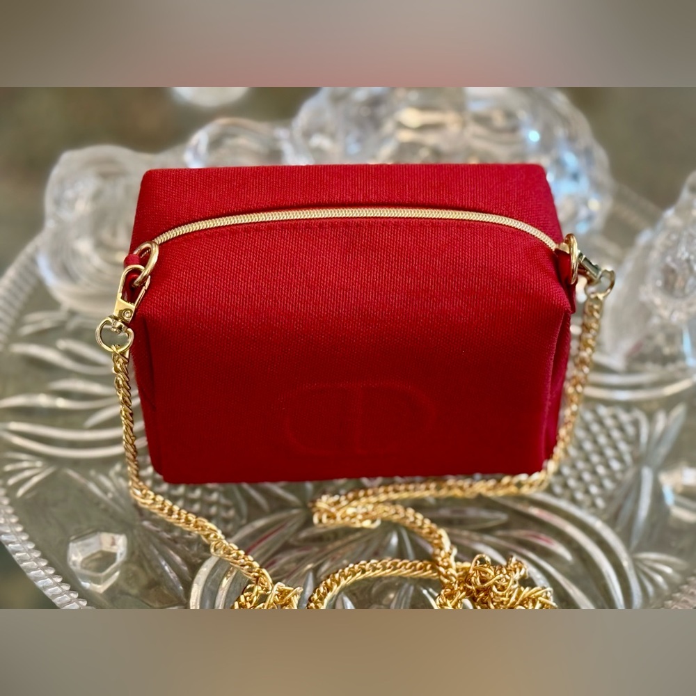 With Charm ;Dior Vibrant Red Canvas Cosmetic Sling with rich gold chain - Picture 14 of 17